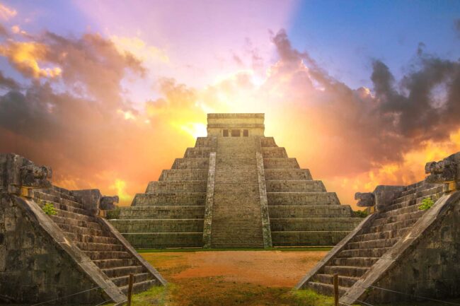 Mexico, Chichen Itza, Yucatn. Mayan pyramid of Kukulcan El Castillo at sunset